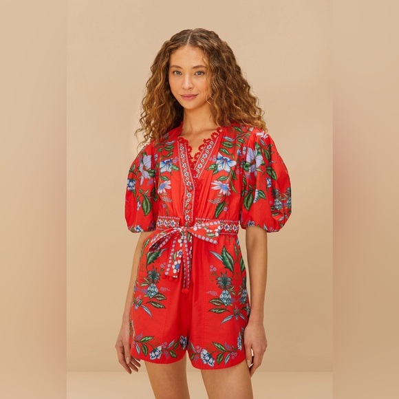 FARM Rio Pants - Farm Rio: Red Sweet Bloom Bouquet Organic
Cotton Romper / Mini Dress